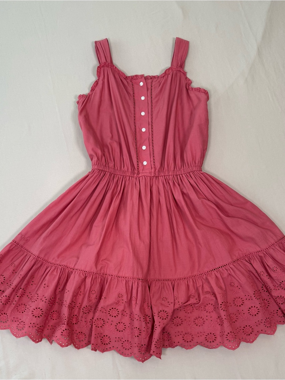 Polo by Ralph Lauren Girls Coral Eyelet Cotton Ruffle Dress, size 14.